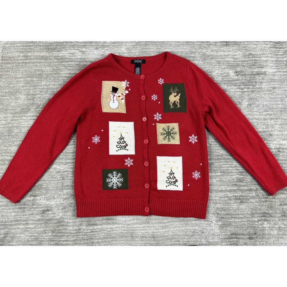 Crystal Kobe Cardigan Womens Large Red Christmas Holiday Patchwork Embroidered